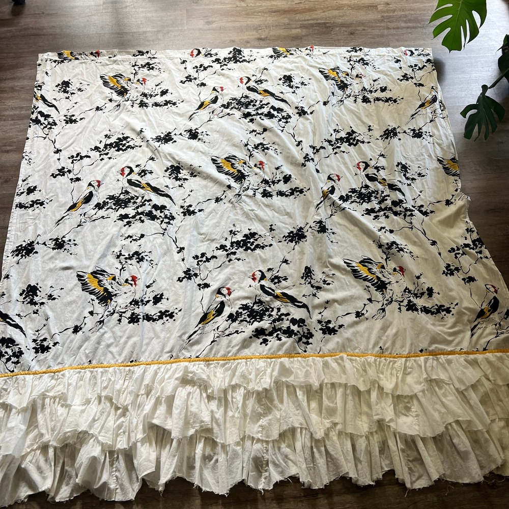 Anthropologie Chaffinch Bird Ruffle Shower Curtain Cotton Lined White Black